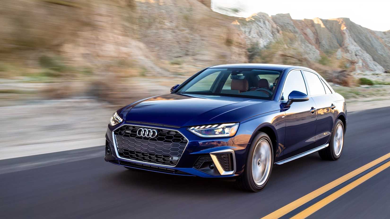 2021 Audi A4 Front 3/4 driving down a rural highway