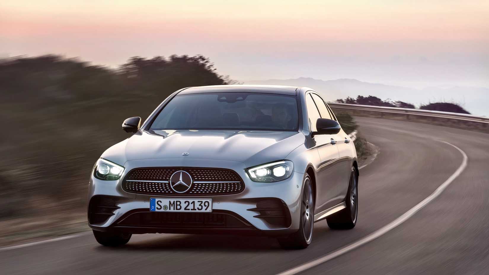 2021 Mercedes-Benz E-Class Front 3/4 shot driving down winding road