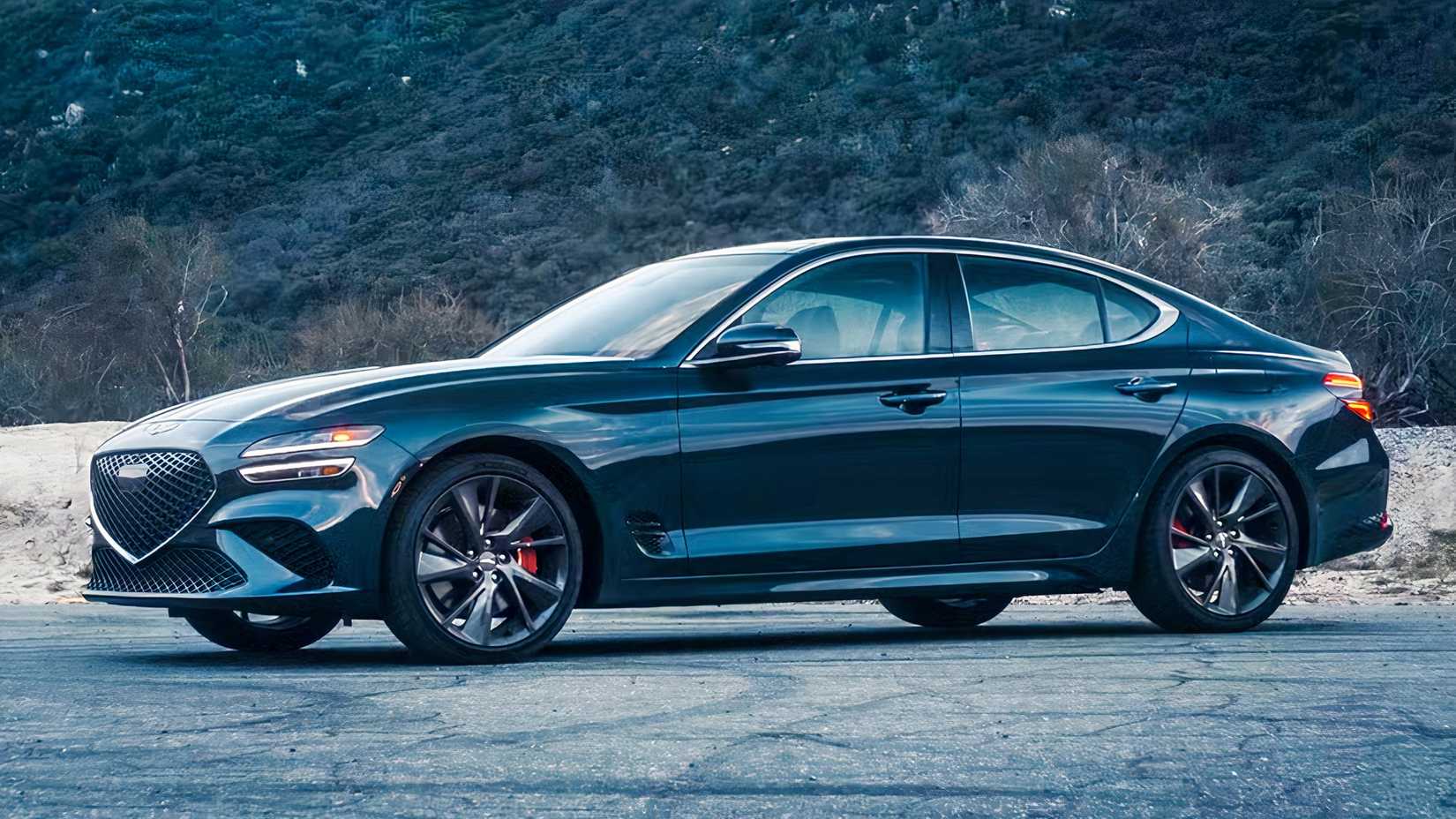 2022 Genesis G70 Front 3/4 shot parked in a lot