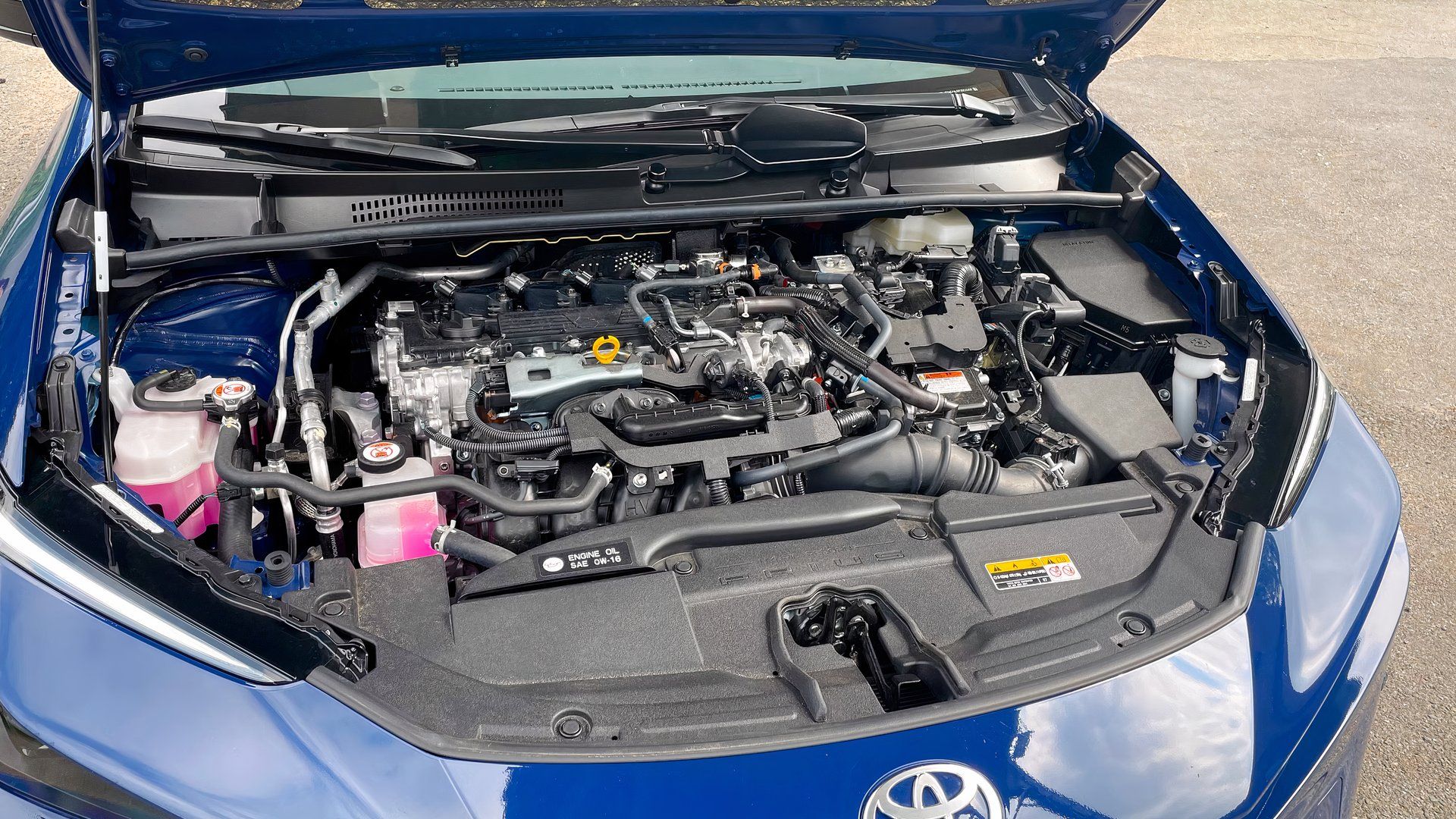 Overhead shot of the 2023 Toyota Prius engine bay