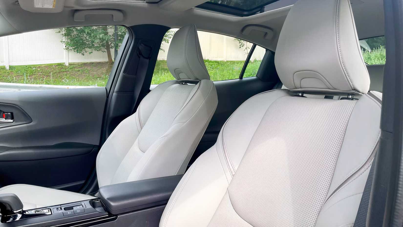 Interior shot of a 2023 Toyota Prius showing front seats