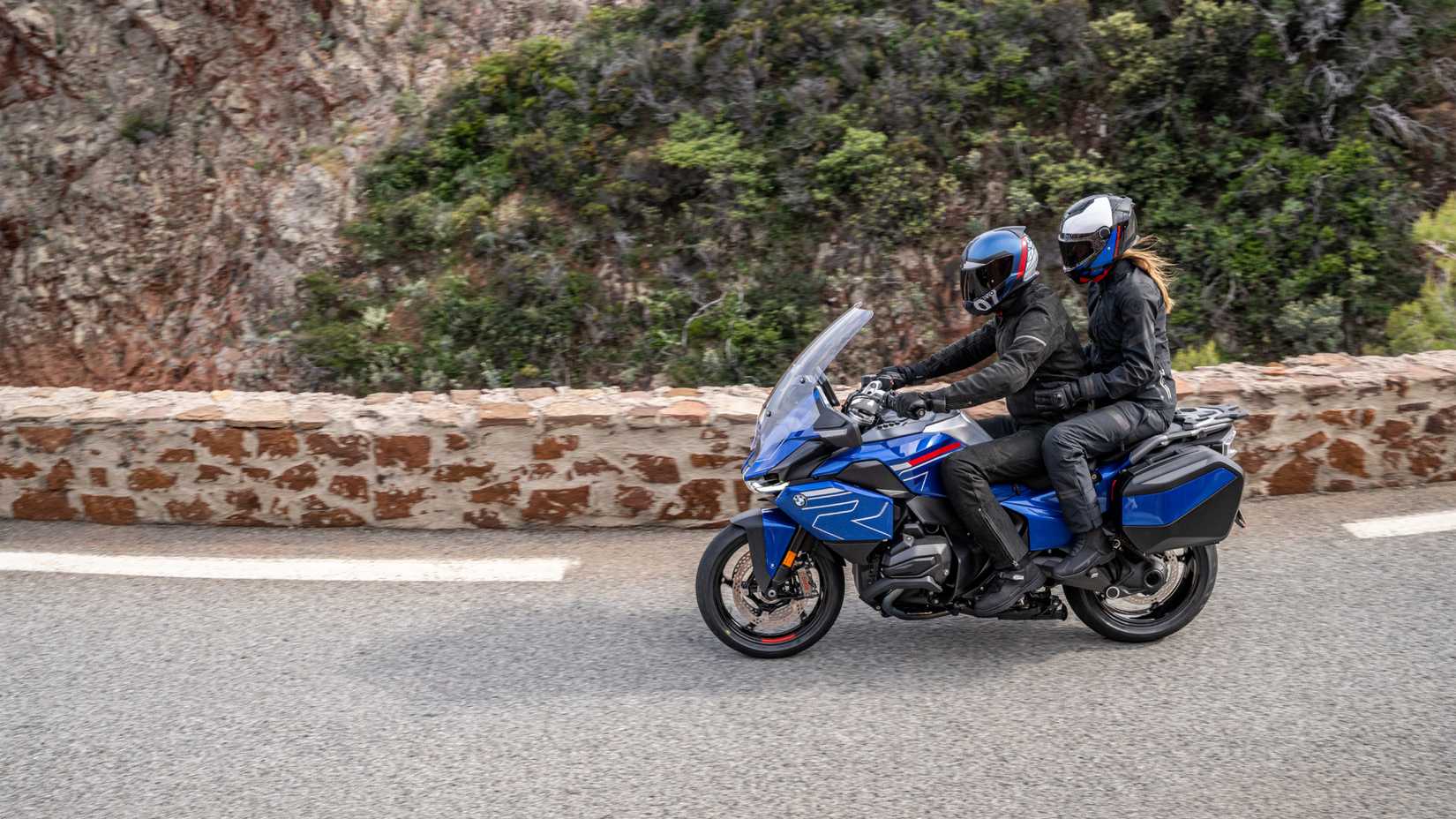 Top side veiw of BMW R 1300 RT with rider and pillion