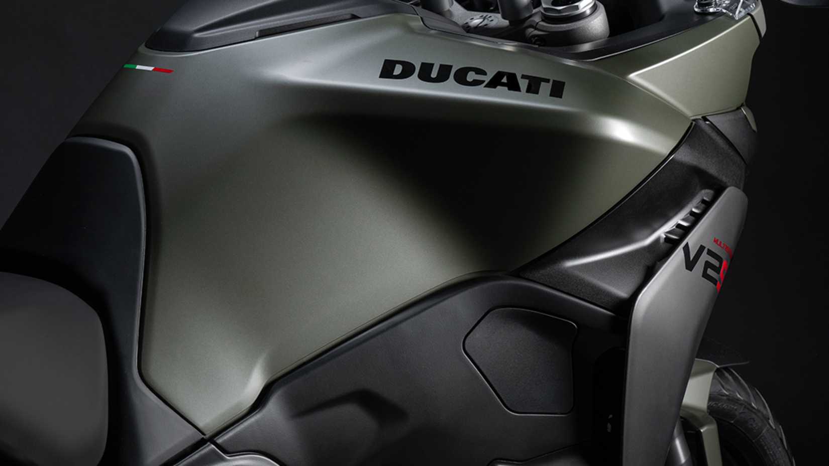 A detail shot of the 2026 Ducati Multistrada V2 S' fuel tank