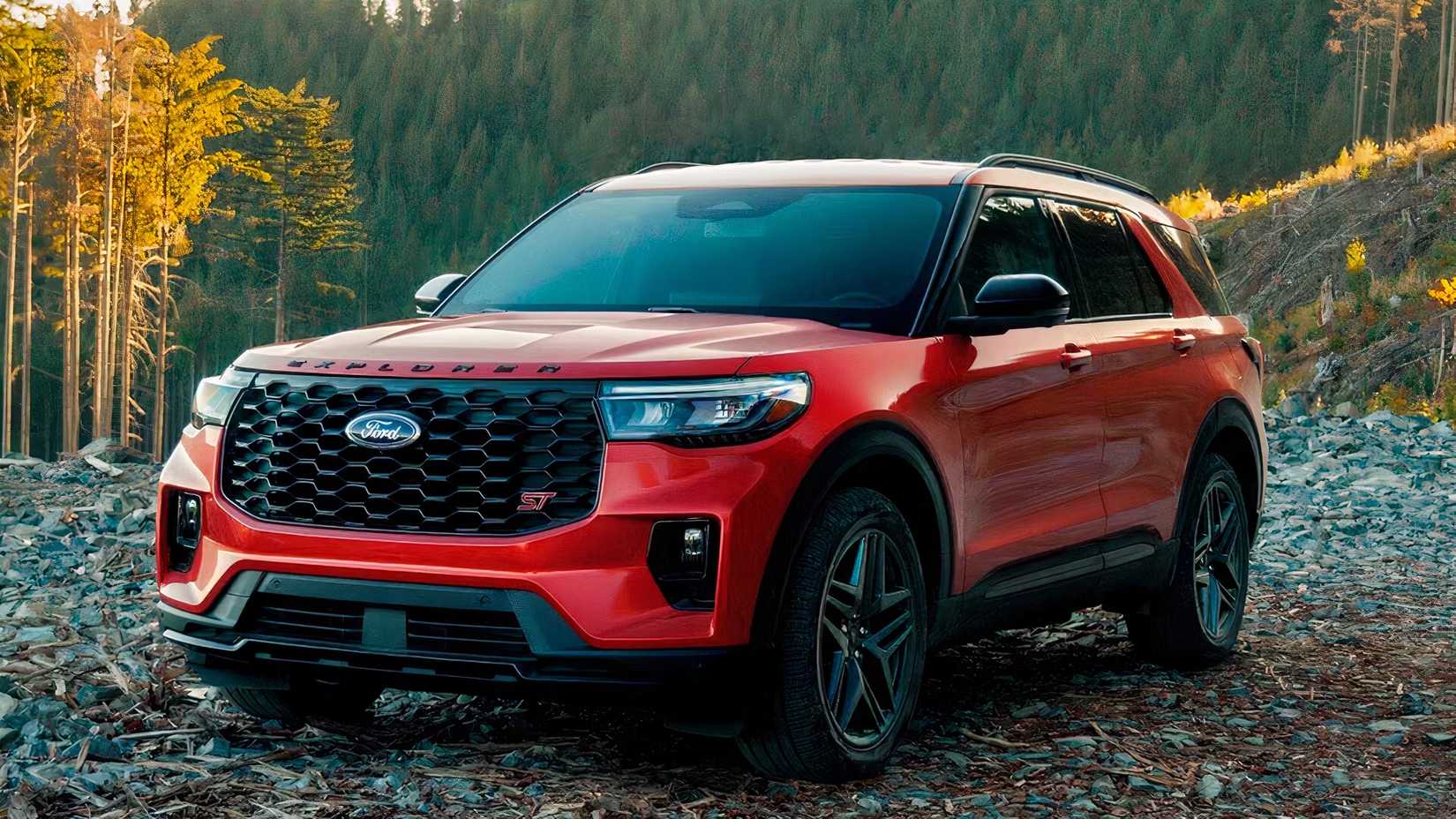 Foto frontal 3/4 de um Ford Explorer 2026 vermelho estacionado fora da estrada