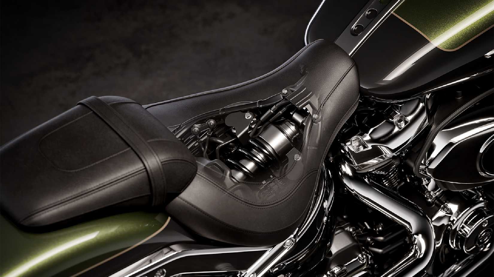 Detail image showing Harley Davidson Fat Boy rear suspension under the seat