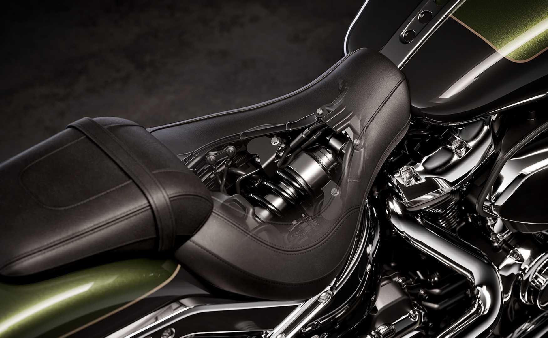 Detail image showing Harley Davidson Fat Boy rear suspension under the seat