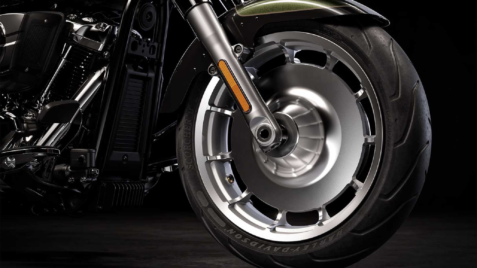 2026 Harley Davidson Fat Boy wheel studio shot