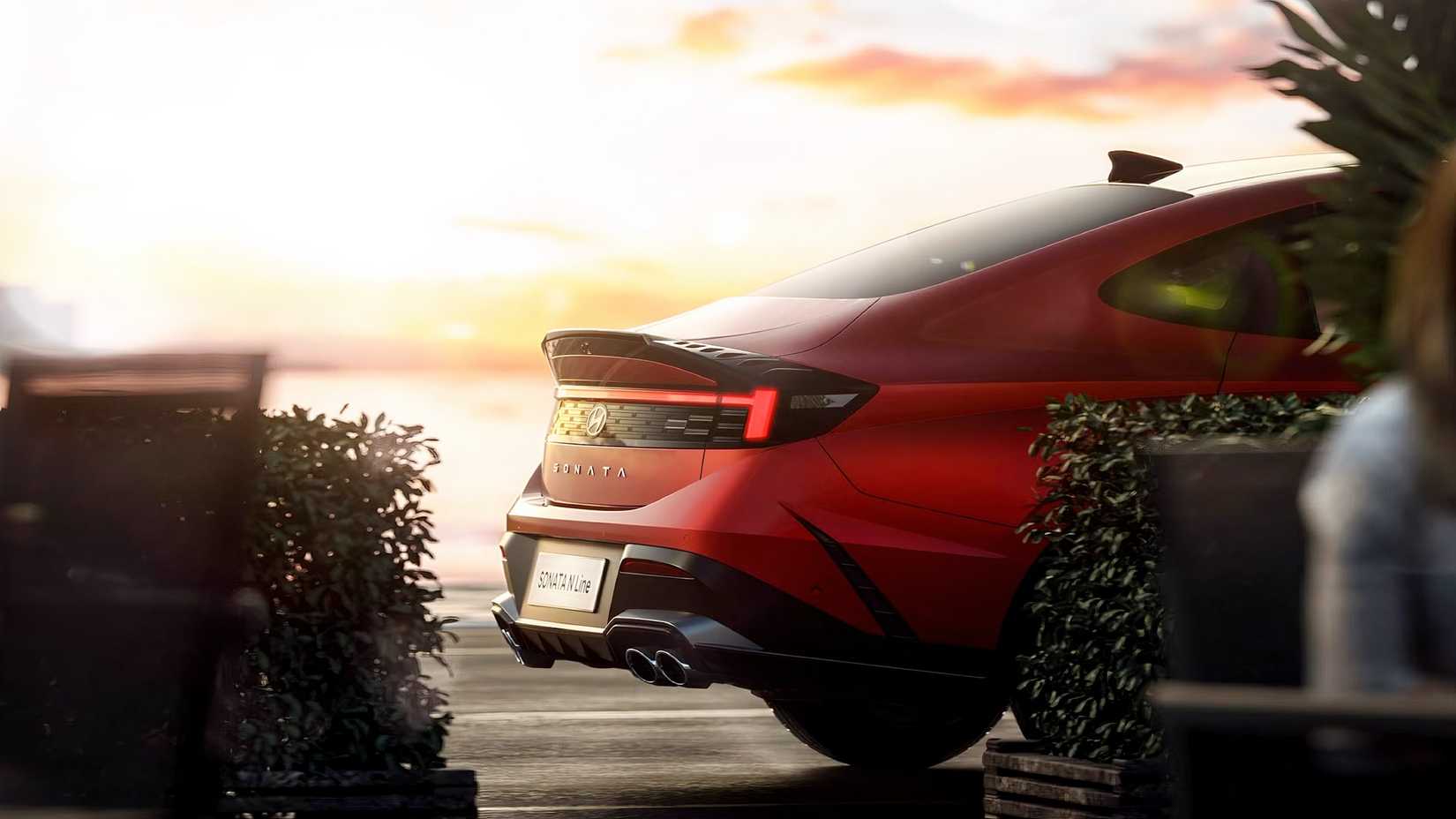 Red 2026 Hyundai Sonata Hybrid Rear End Side View