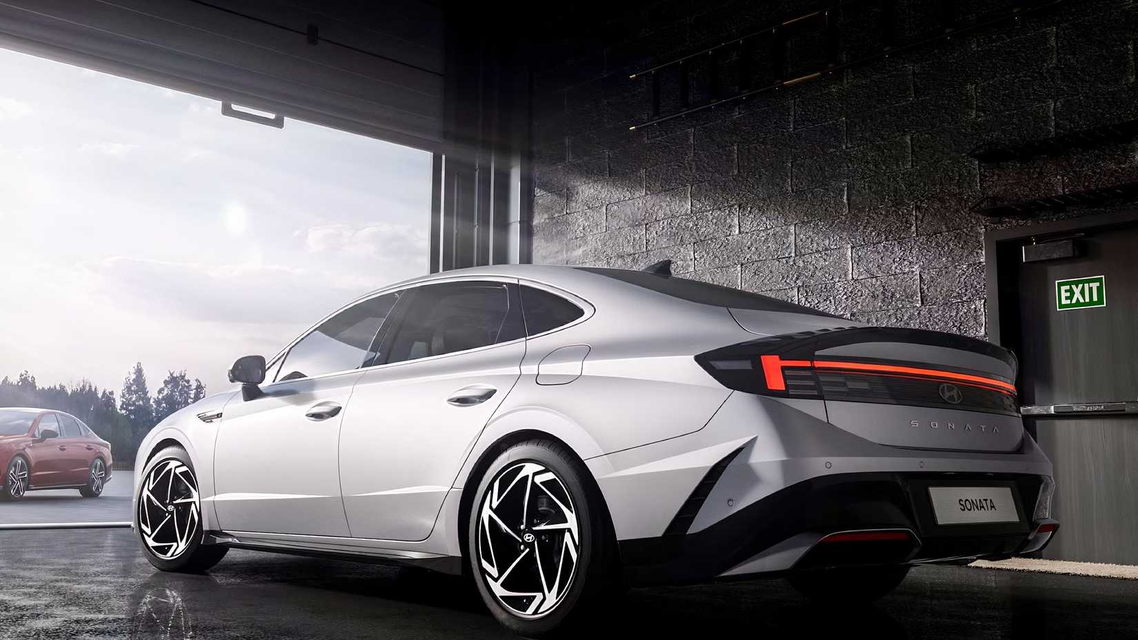 Rear 3/4 shot of a 2026 Hyundai Sonata Hybrid In A Garage