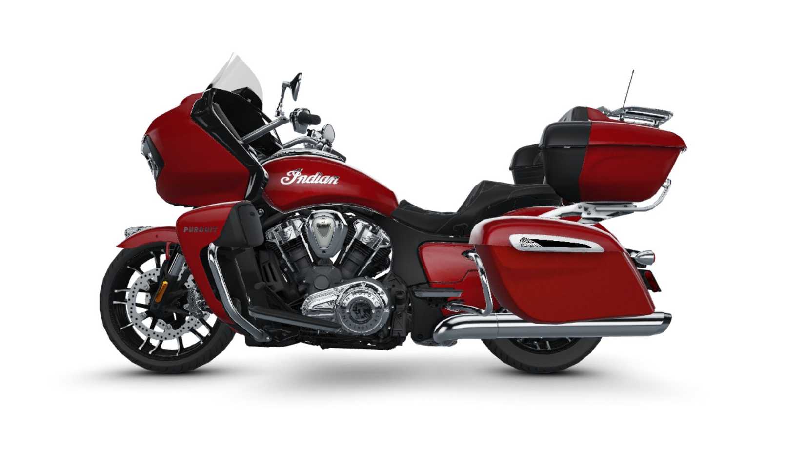 Foto de estúdio do perfil lateral do 2026 Indian Pursuit Limited vermelho.