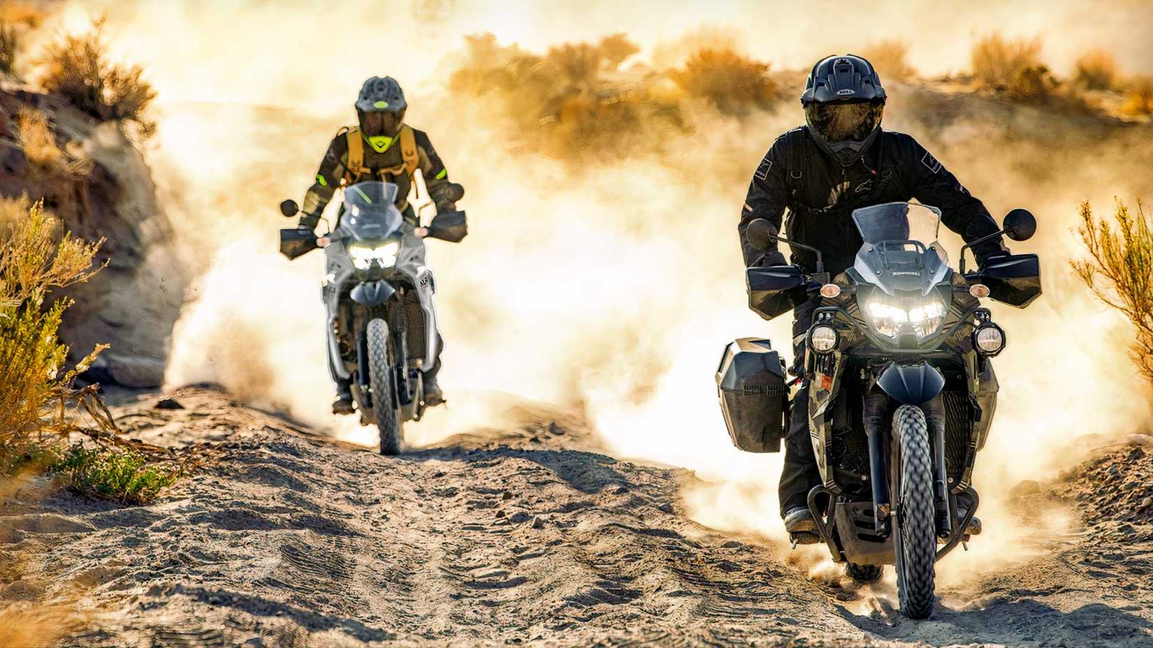 Action shot of two 2026 Kawasaki KLR650 off-roading
