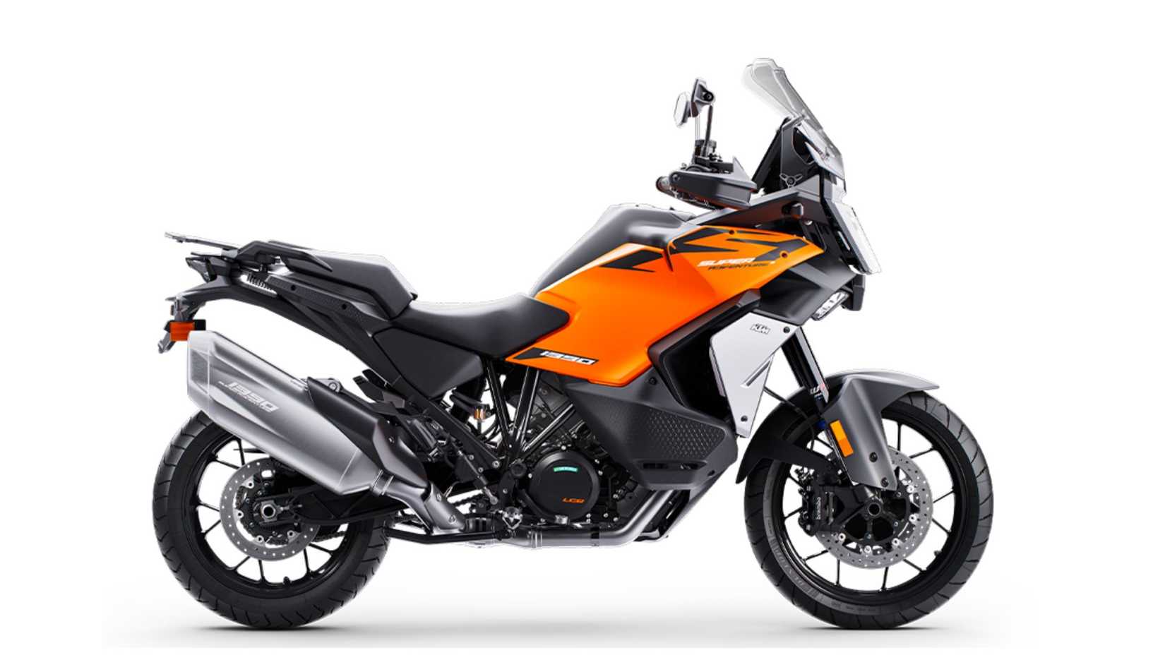 Foto de estúdio de perfil lateral da 2026 KTM 1390 Super Adventure S EVO