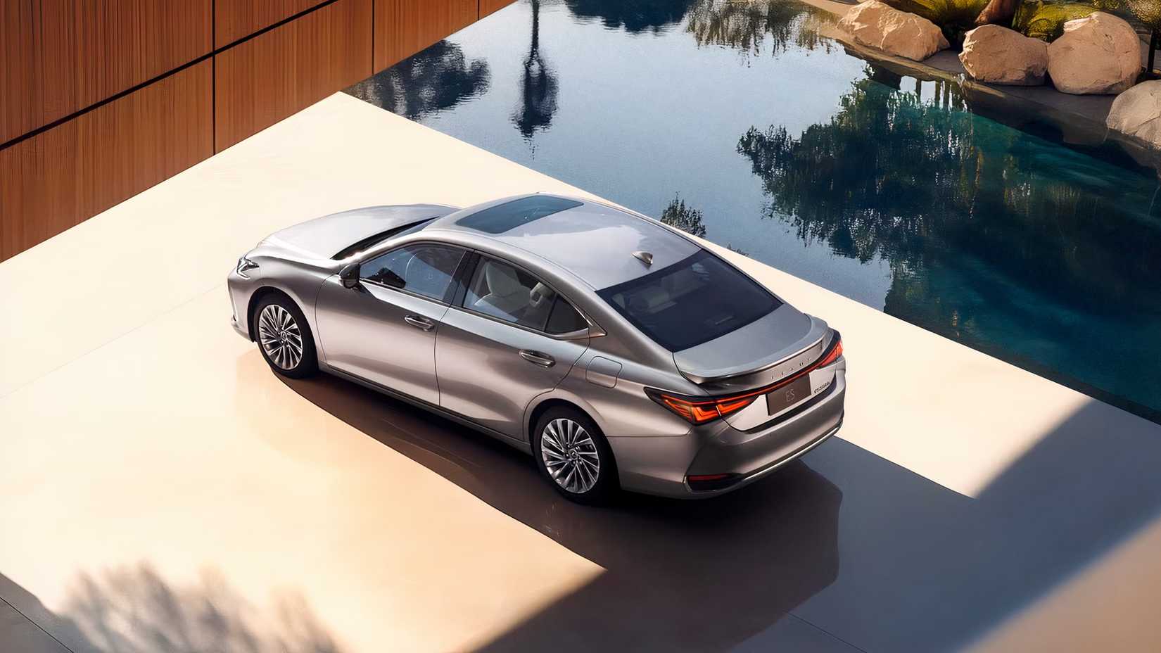 2026 Lexus ES 300h Overhead View parked by pond
