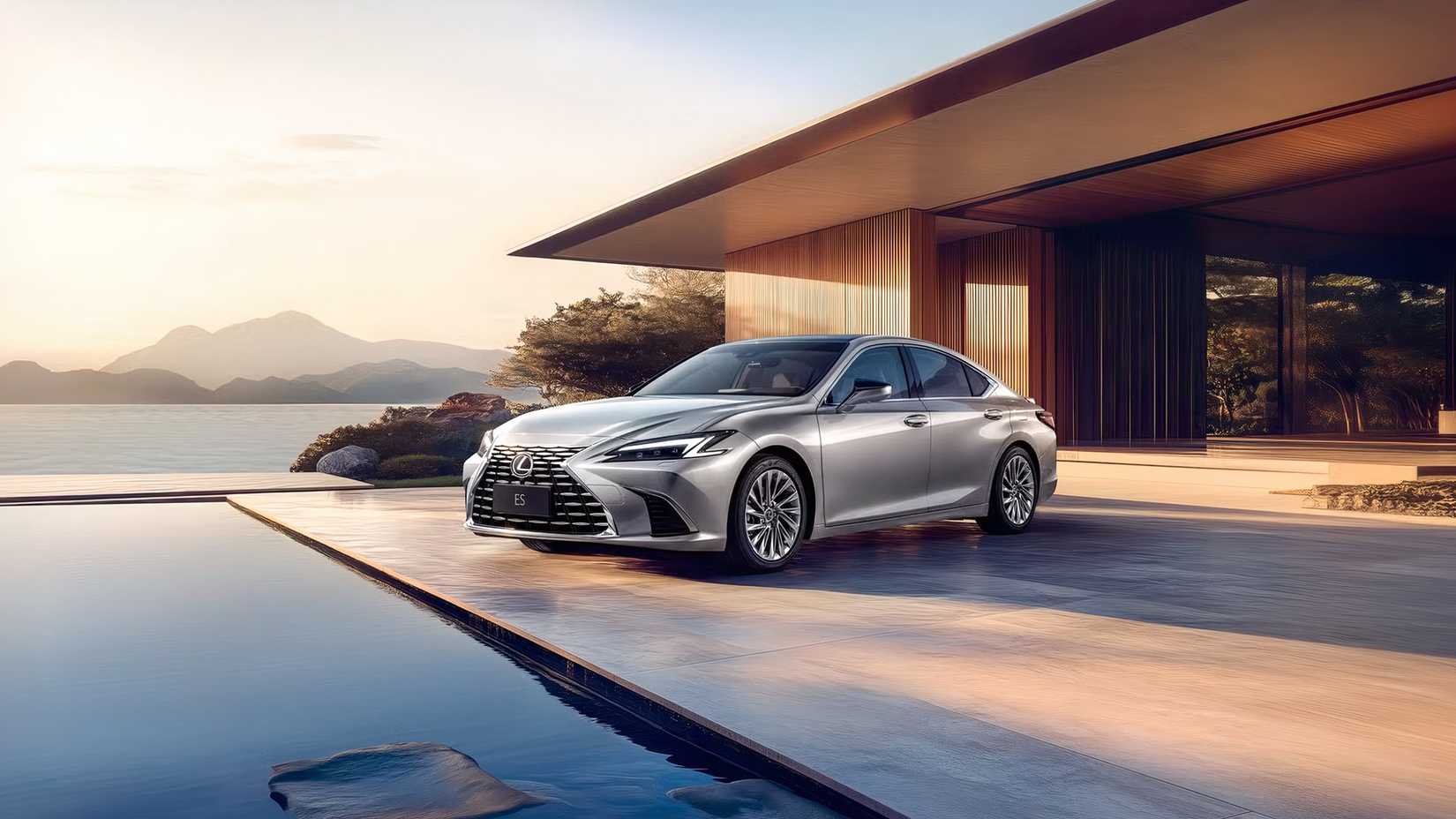 Front 3/4 shot of a 2026 Lexus ES 300h Posed By A Pool