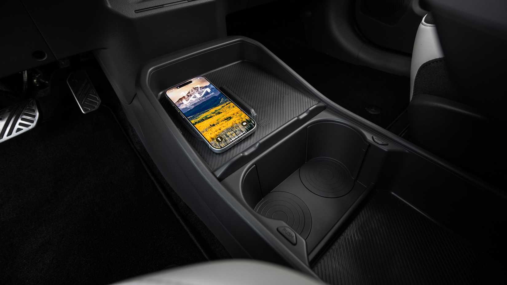 An interior shot of the 2027 Kia EV3's center console