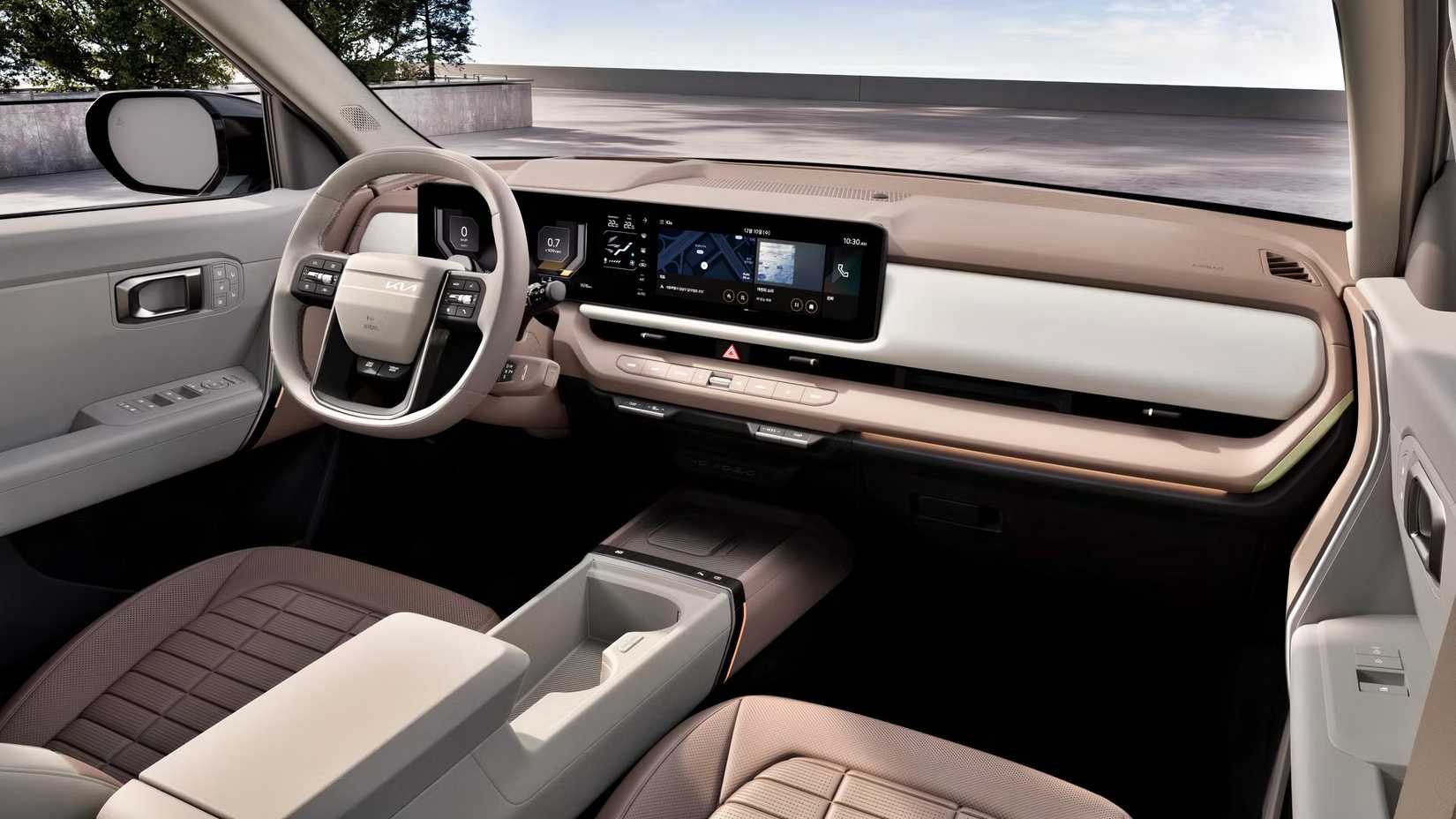 Foto do interior de um Kia Seltos 2027 mostrando a cabine dianteira