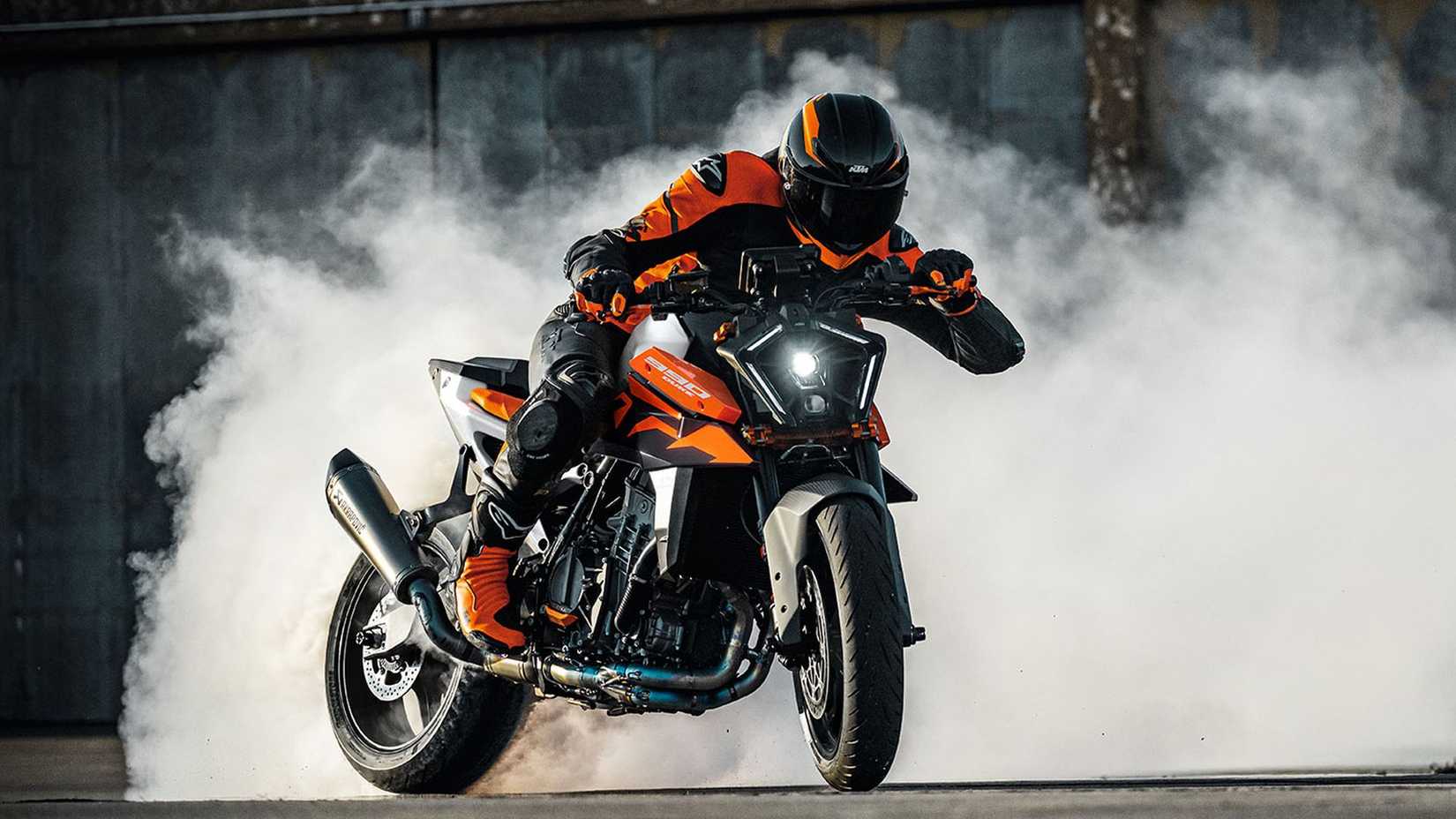 Rider doing a burnout on a 2027 KTM 990 Duke