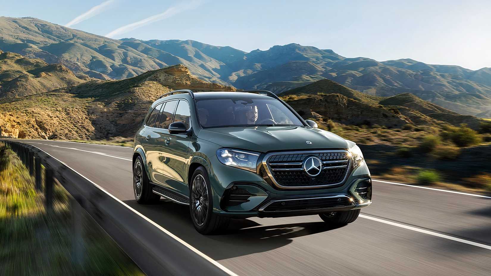 Front 3/4 shot of the 2027 Mercedes-Benz GLS driving on the highway