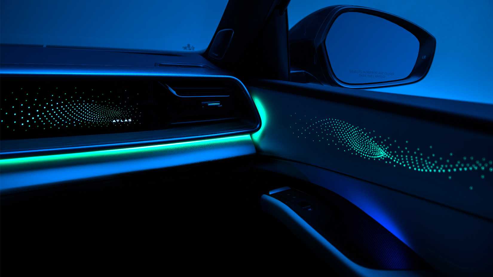 Uma imagem de estúdio da iluminação ambiente do Volkswagen Atlas 2027 em detalhes