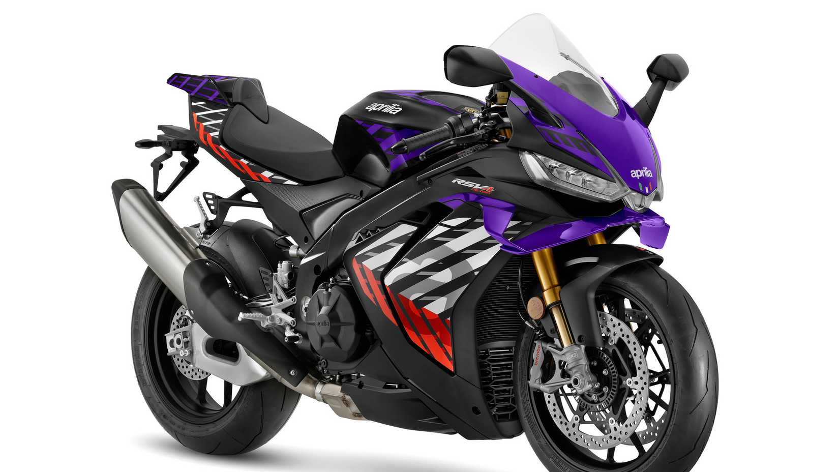 A 2026 Aprilia RSV4 Factory with the Shakedown Indigo livery