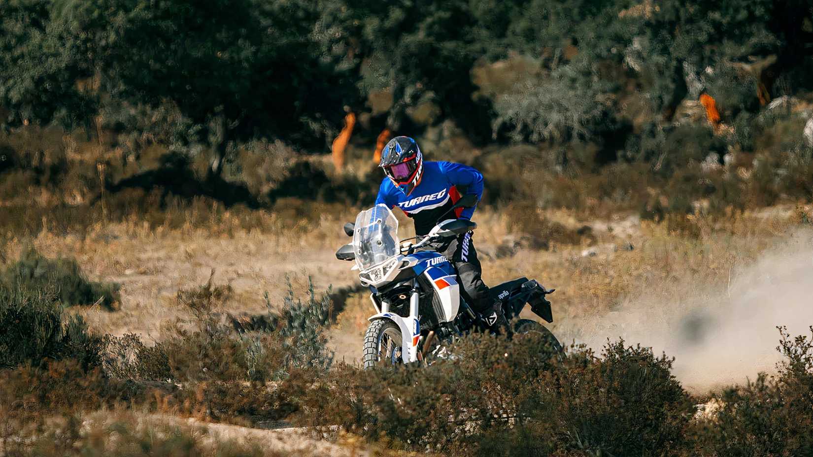 Rider on an Aprilia Tuareg 660 riding off road. 