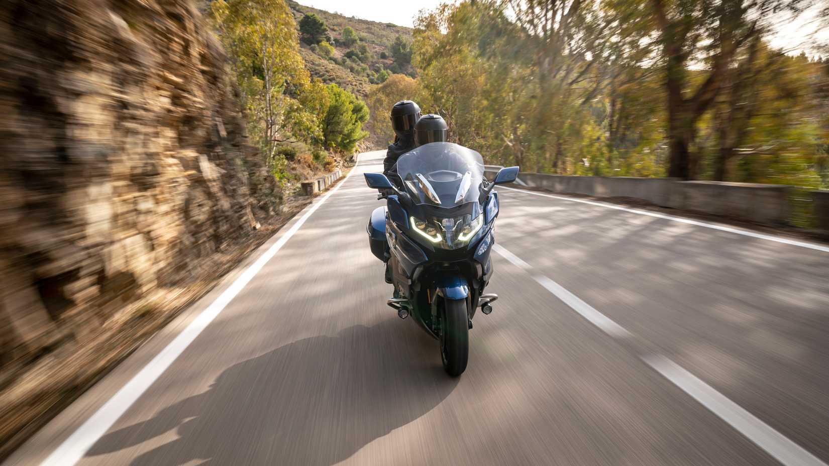 An action shot of the BMW K 1600 Grand America Option 719 Midnight cruising