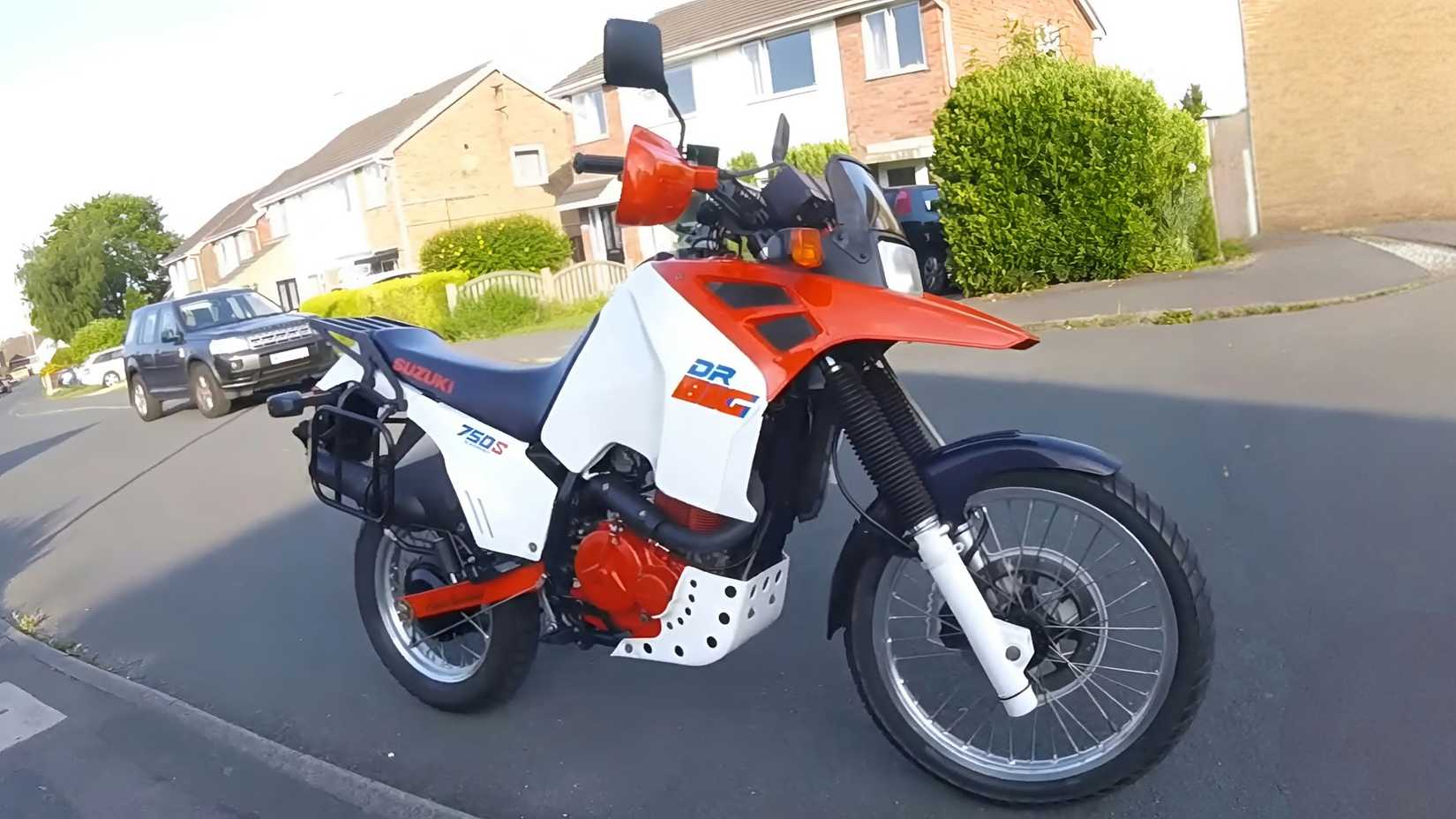 1988 Suzuki DR750S in red front third quarter view