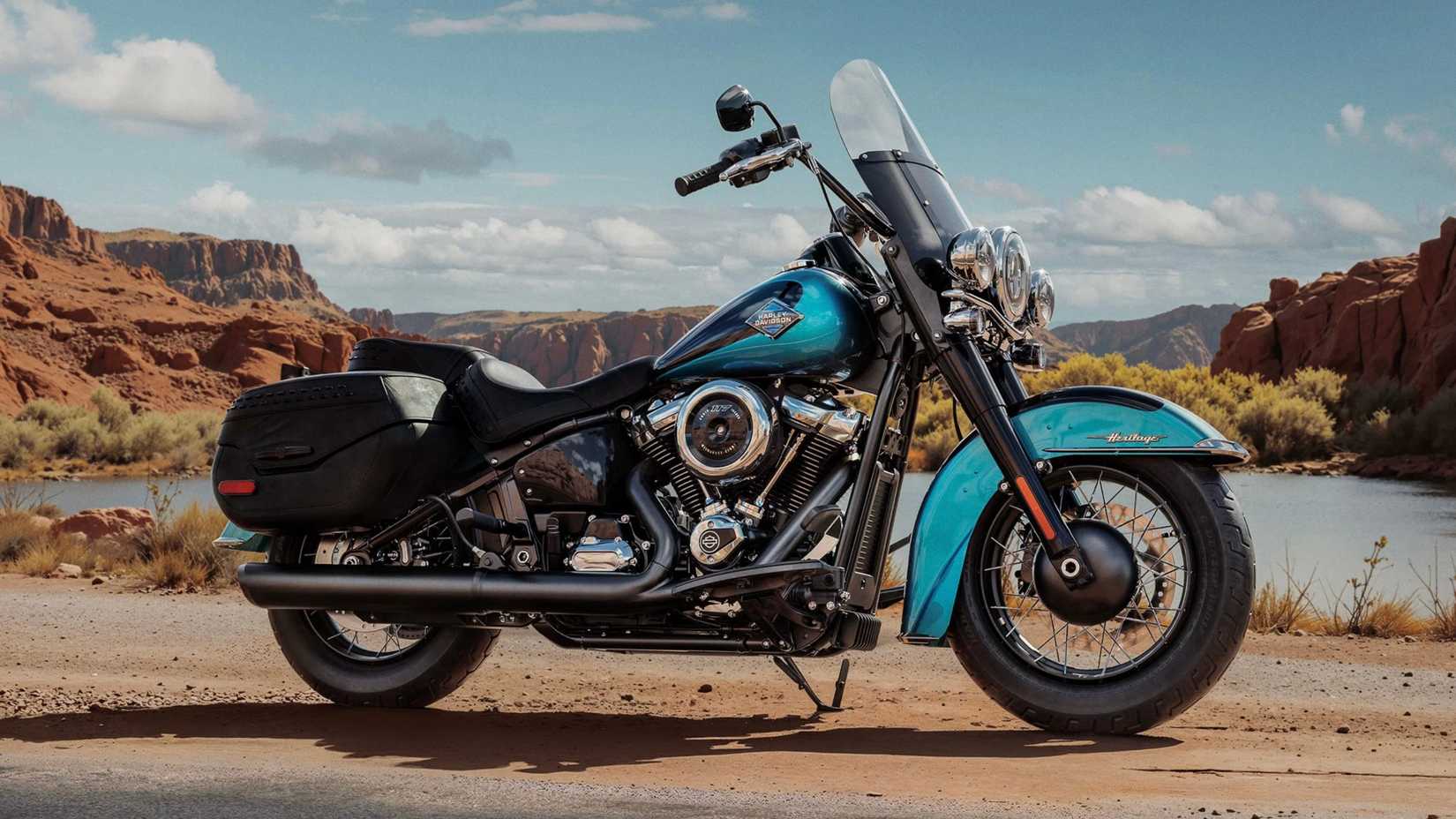 2026 Harley-Davidson Heritage Classic estacionada na beira da estrada no deserto