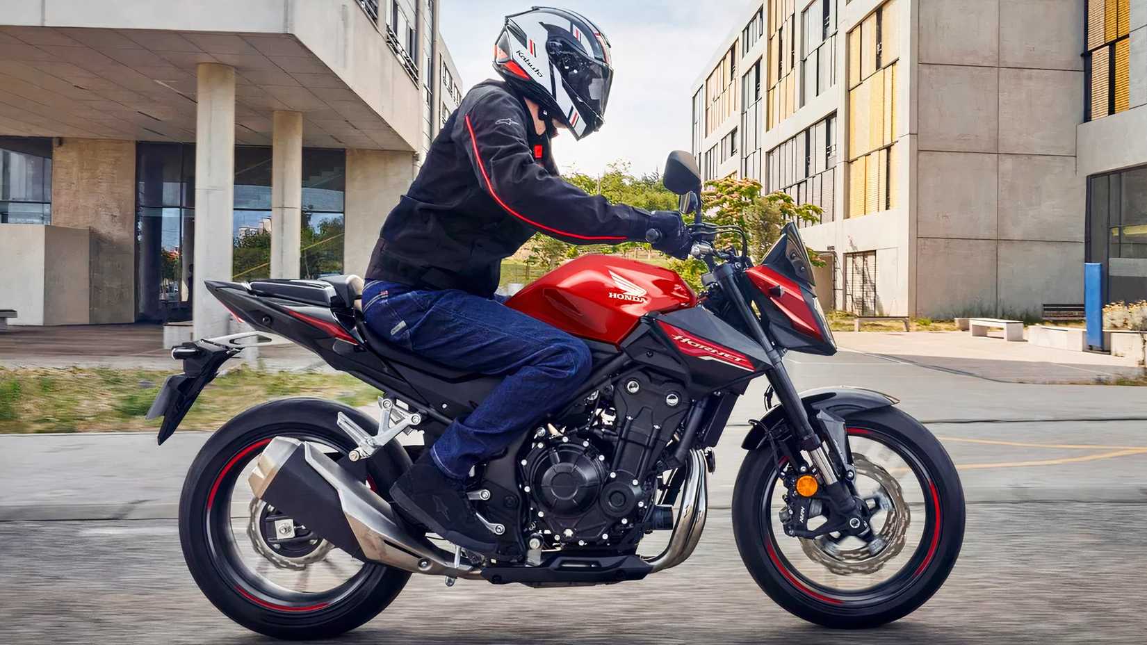 Rider on a red Honda CB500 Hornet