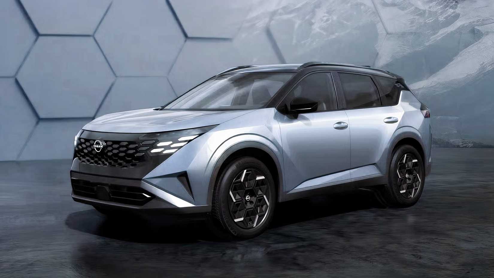 Front 3/4 shot of 2027 Nissan Rogue Hybrid parked