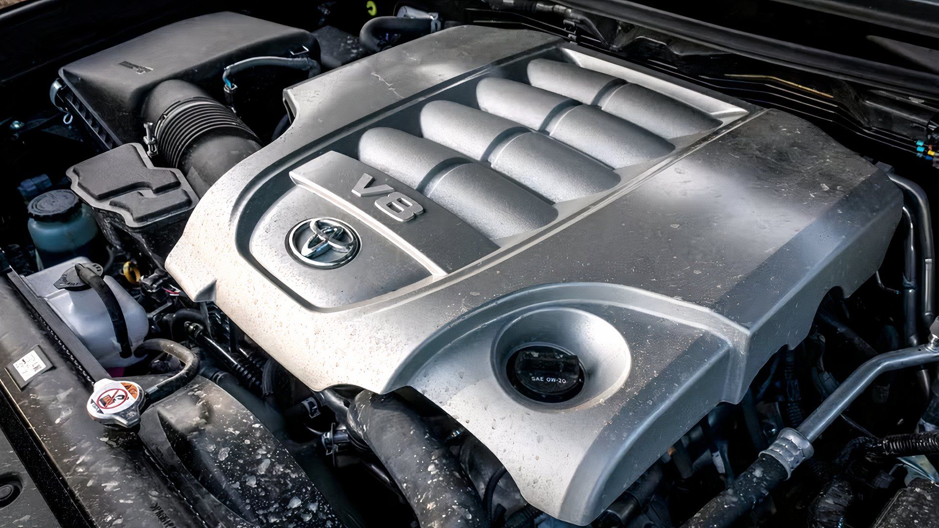Close-up do compartimento do motor do Toyota Land Cruiser 2021 mostrando 3UR-FE V8