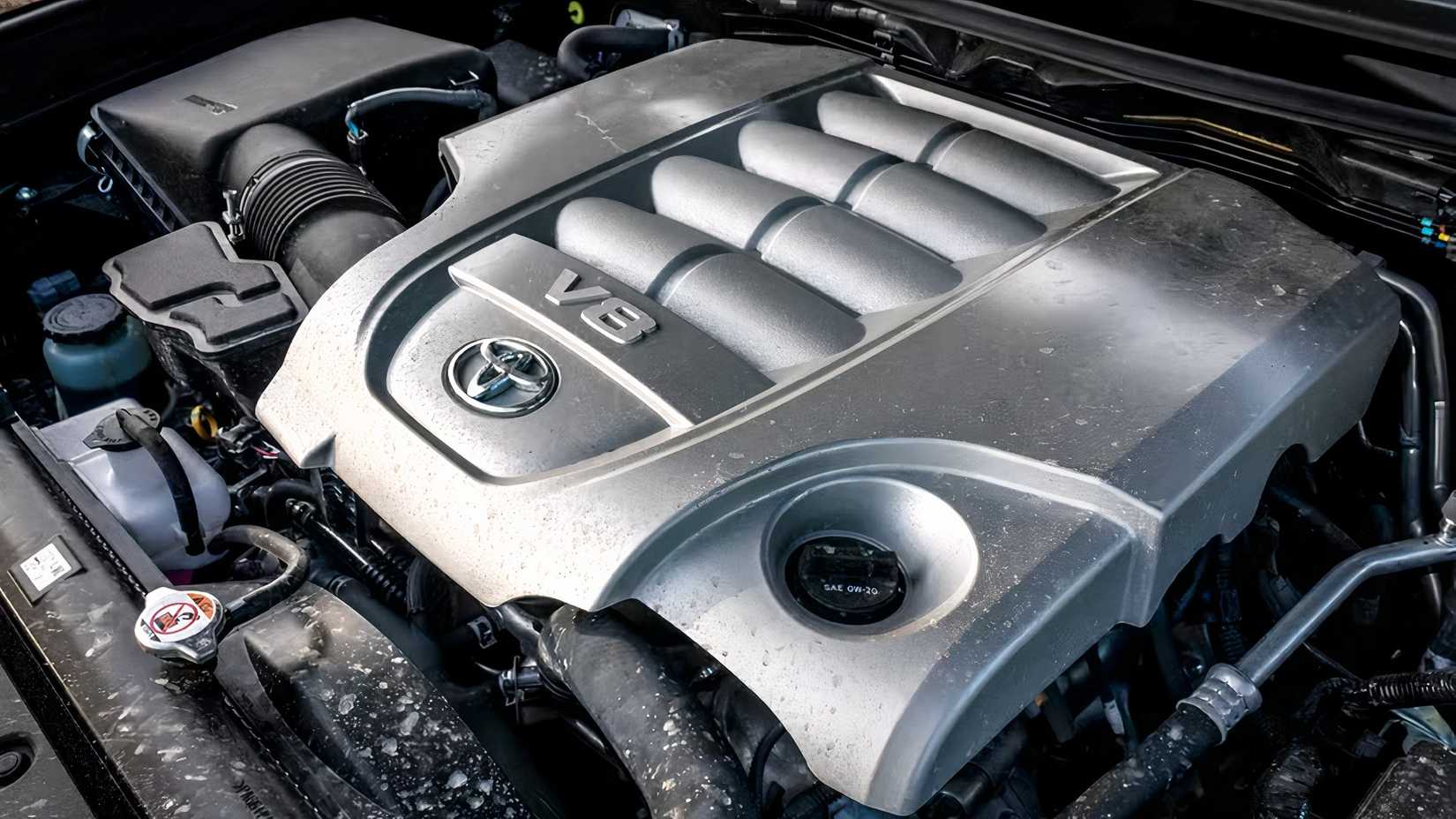 Close-up shot of 2021 Toyota Land Cruiser engine bay showing 3UR-FE V8