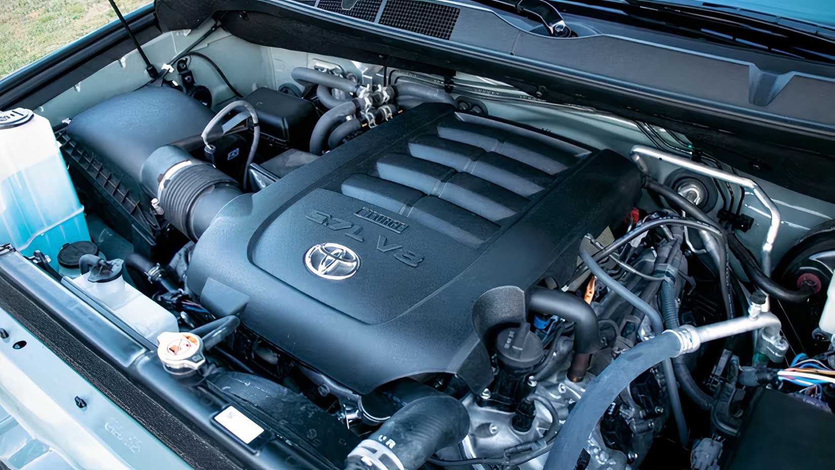 Close-up shot of 2022 Toyota Sequoia engine bay showing 3UR-FE V8