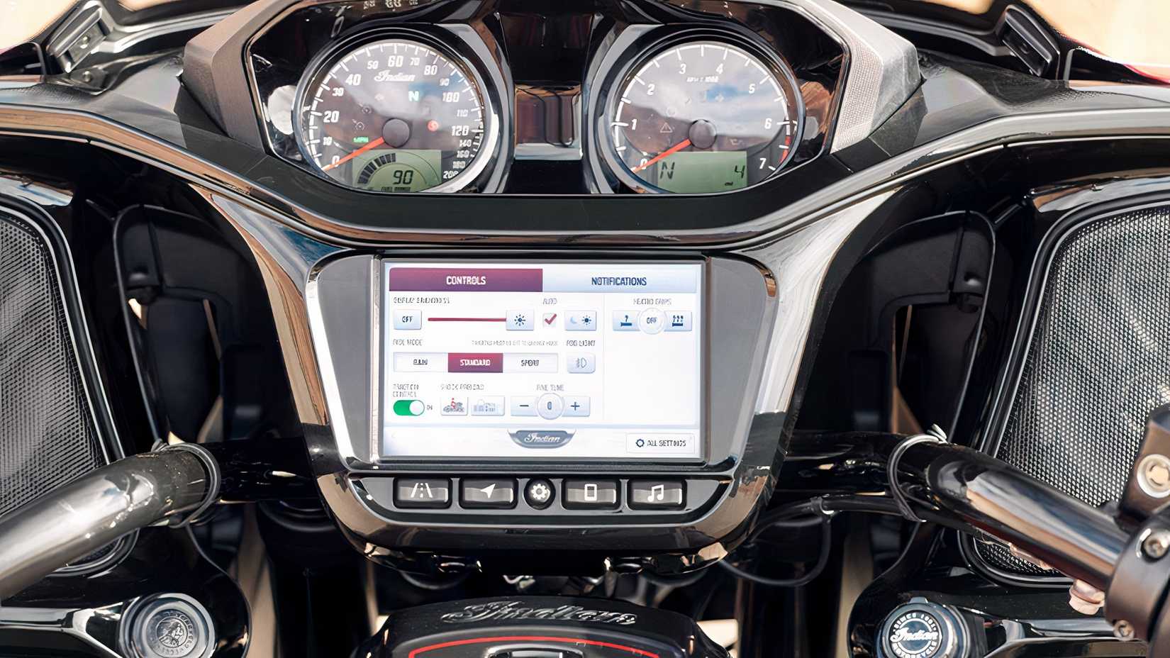 Close up shot of the infotainment display on the Indian Challenger Elite
