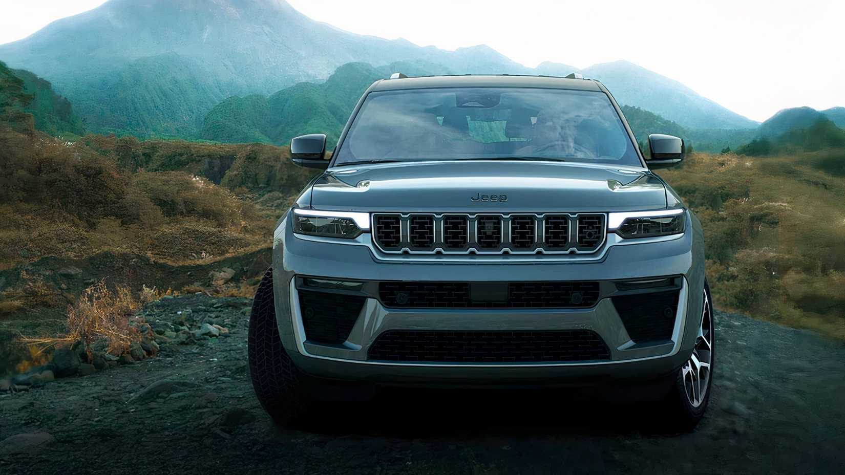 Um Jeep Grand Cherokee L estacionado fora da estrada após o pôr do sol