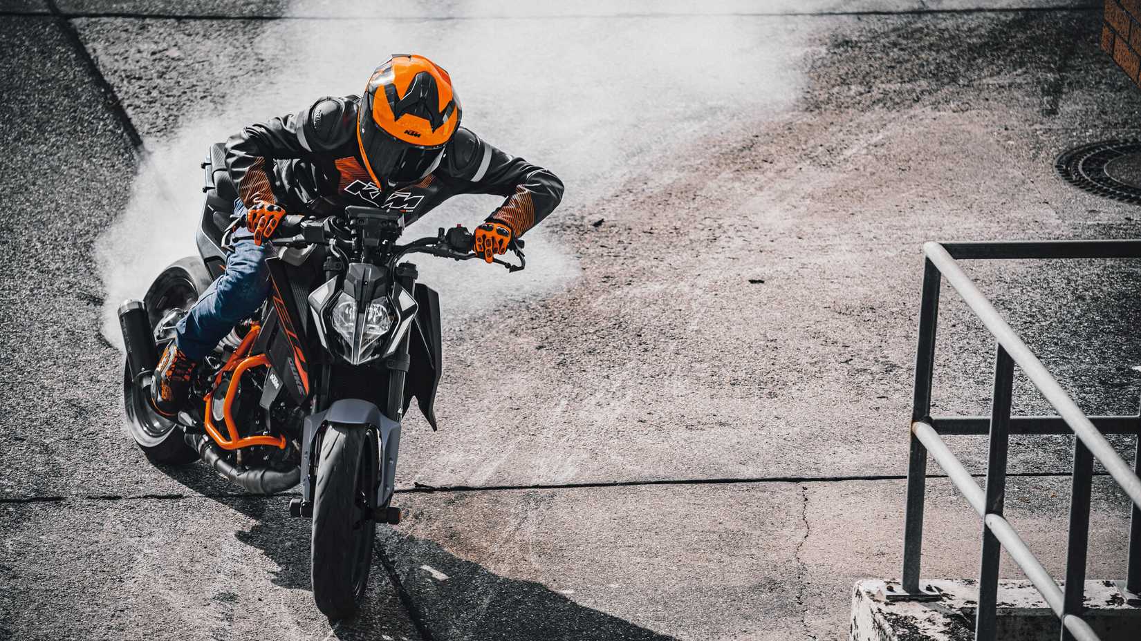 KTM 390 Duke drifting on concrete