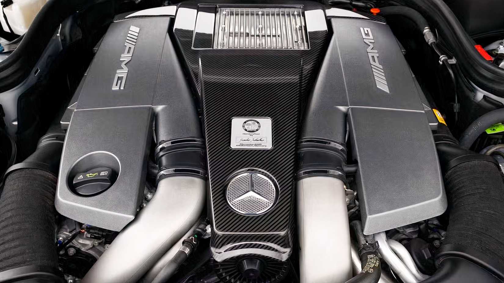 Close-up shot of a Mercedes-Benz E55 AMG Engine