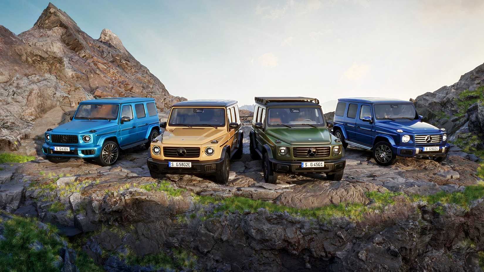 The lineup of Mercedes-Benz G-Class seen here against a mountainous backdrop.