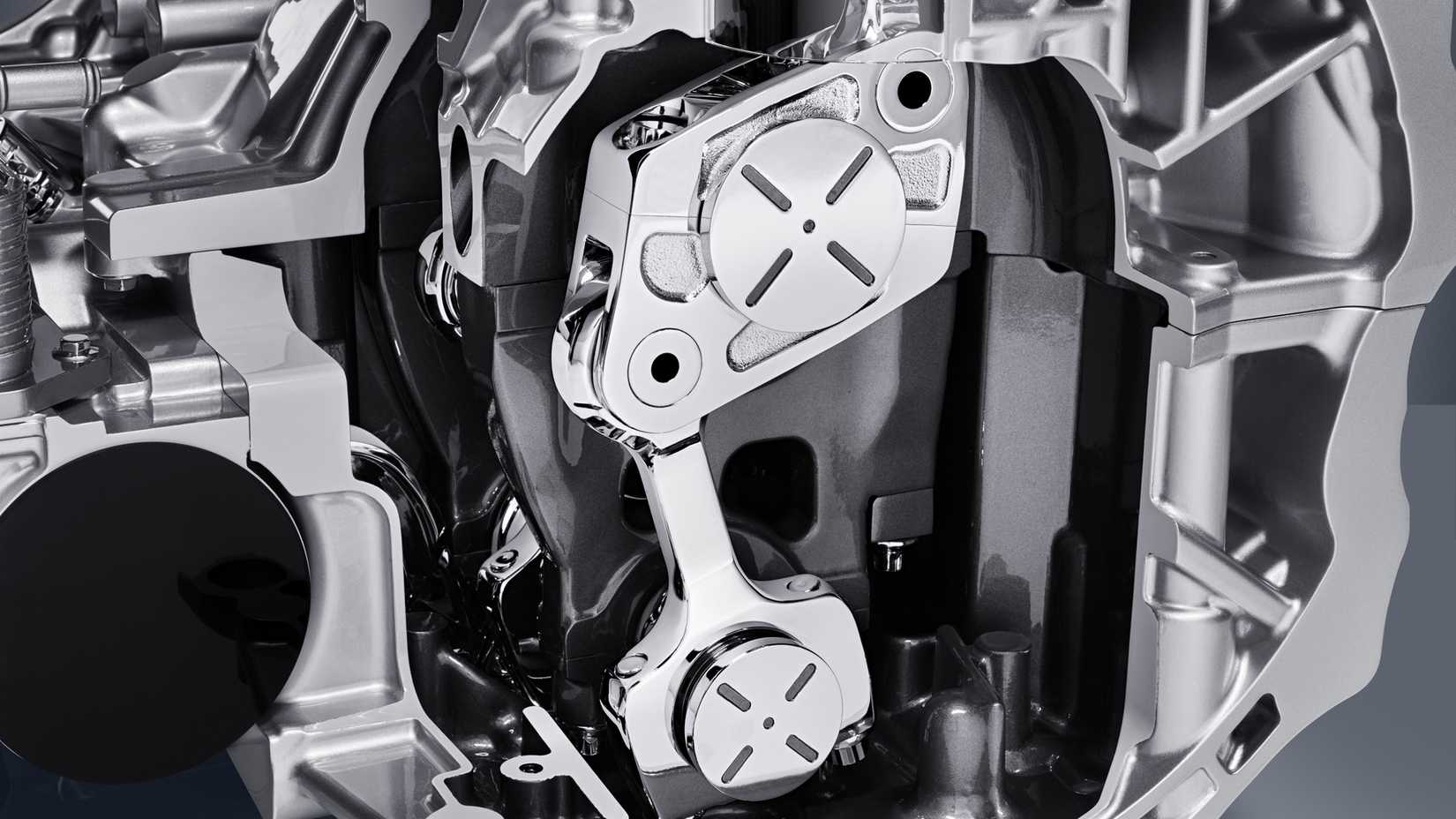 A close-up shot of the Nissan VC-Turbo's multi-linkage system