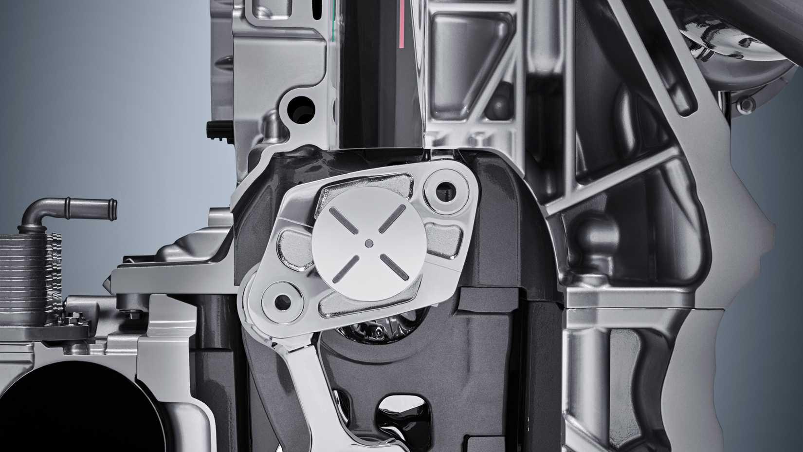 A close-up shot of the Nissan VC-Turbo's multi-linkage system