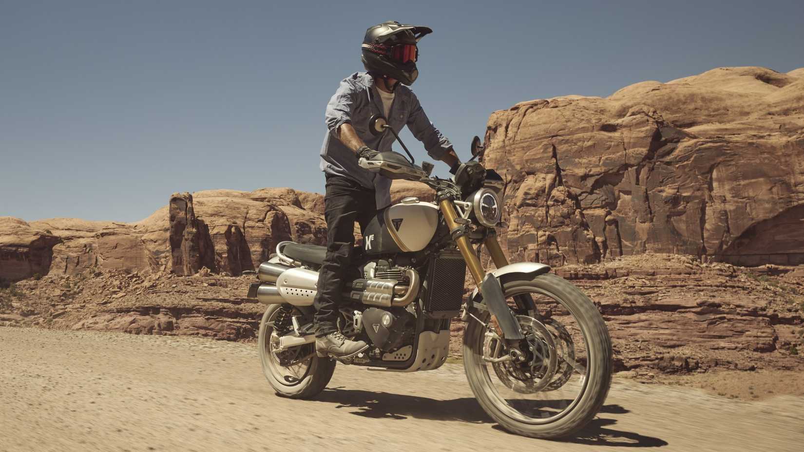 2026 Triumph Bonneville Scrambler 1200 XE trail run front third quarter view