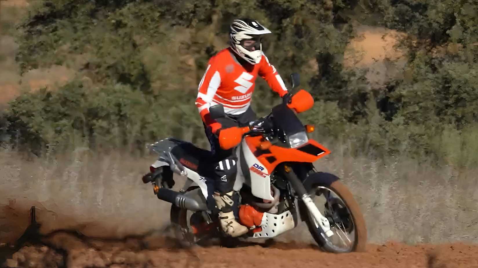 1988 Suzuki DR750S in red off-roading cinematic shot