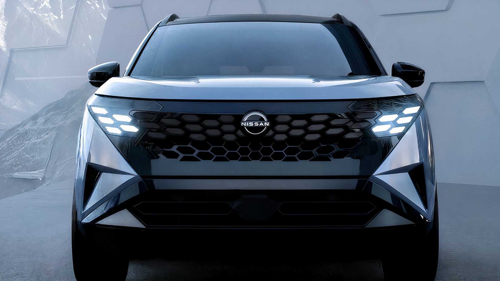 Front close-up studio shot of a 2027 Nissan Rogue Hybrid e-Power