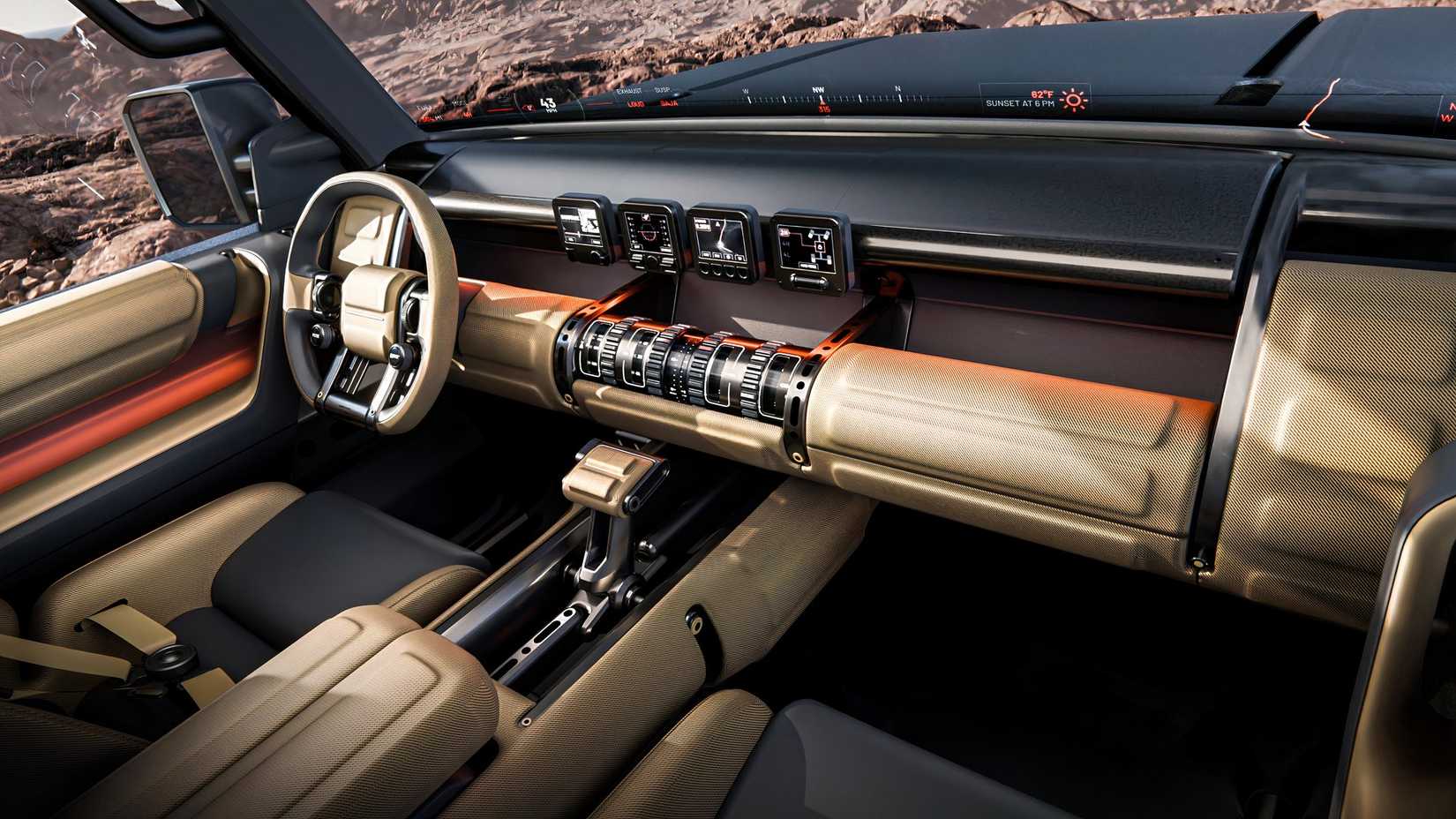 Foto do interior do Hyundai Boulder Concept mostrando a cabine dianteira