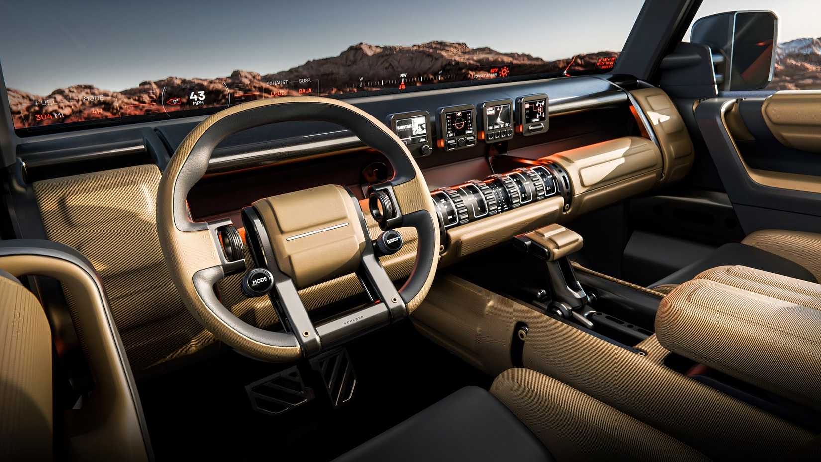 Foto do interior do Hyundai Boulder Concept mostrando a vista frontal do lado do motorista