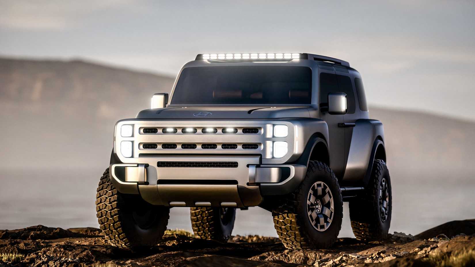 Foto frontal 3/4 do Hyundai Boulder Concept posando off-road