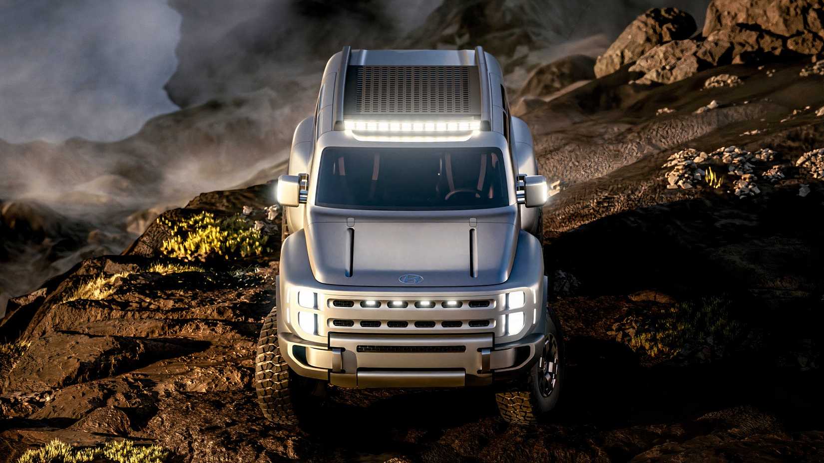 Foto frontal do Hyundai Boulder Concept enfrentando terreno off-road