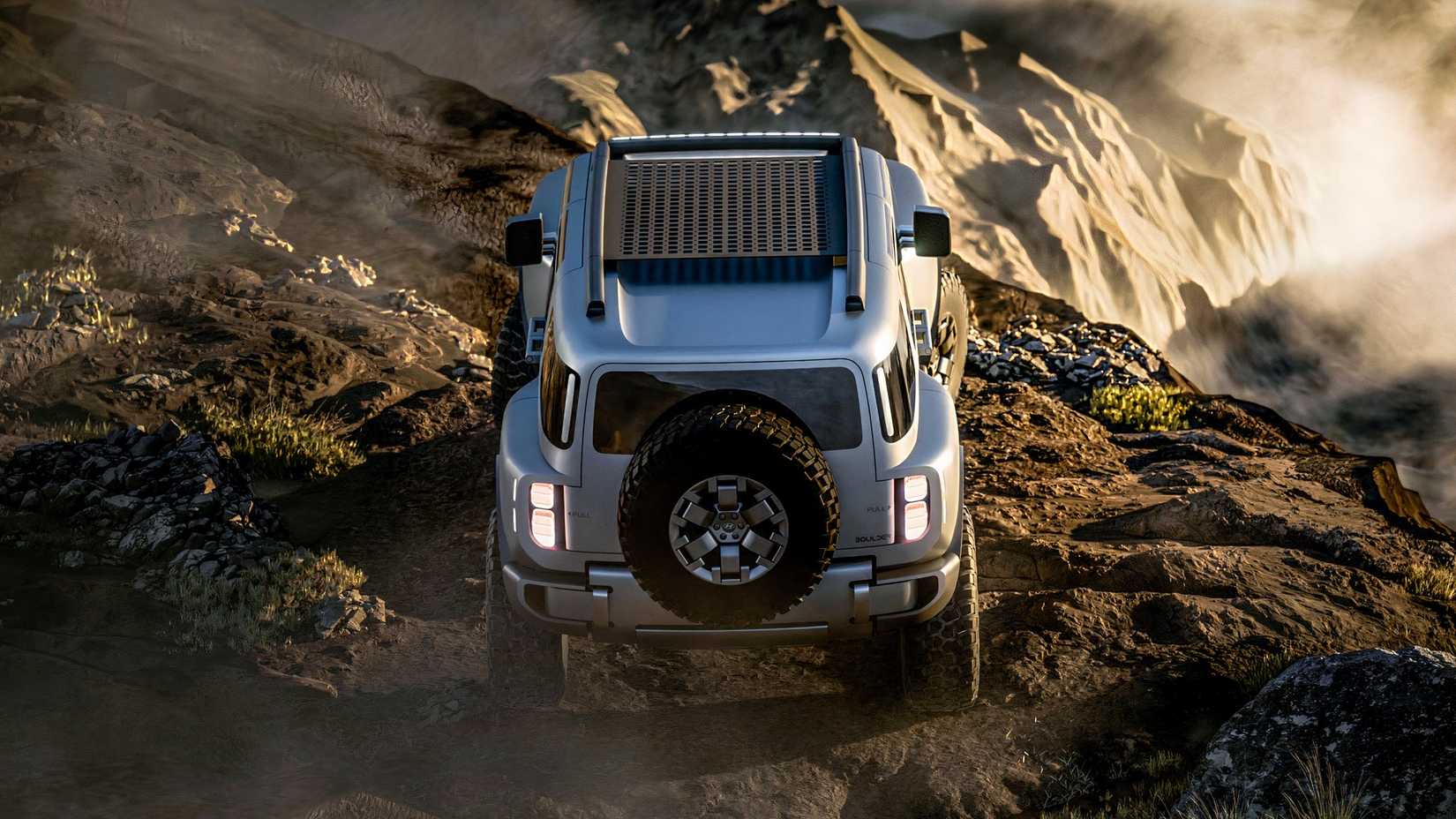 Foto traseira do Hyundai Boulder Concept enfrentando terreno off-road