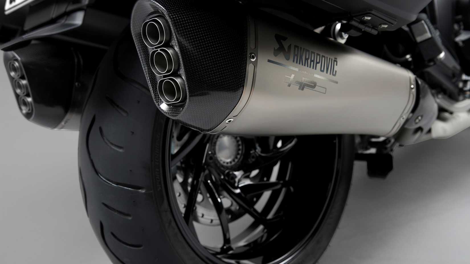 Rear close-up of a BMW K 1600 GT with sport exhaust