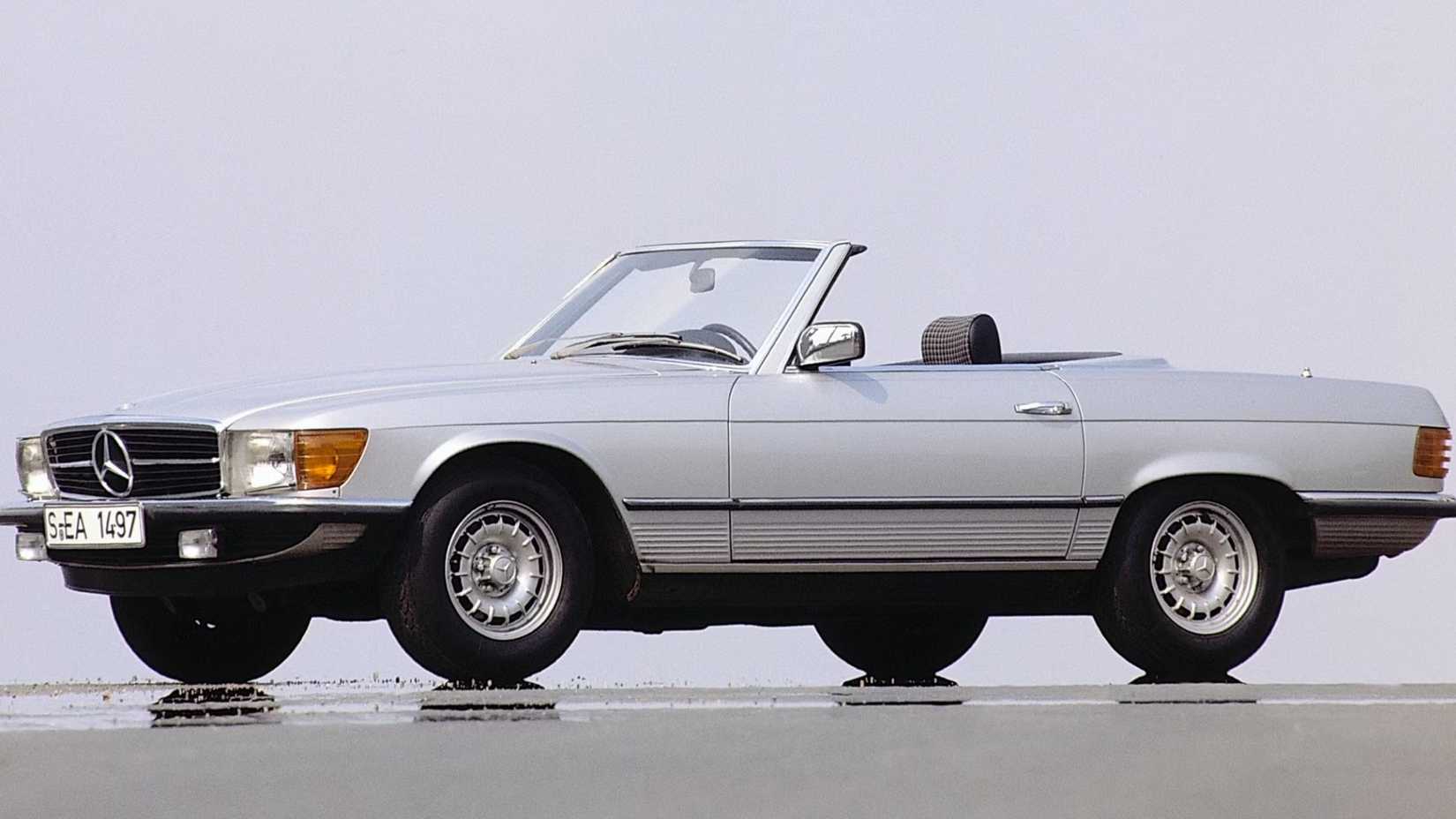 Front 3/4 shot of a Mercedes-Benz R107 SL parked